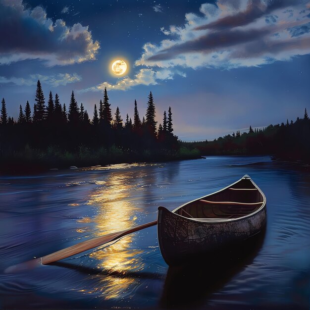 Photo a canoe is on the water with the moon in the background