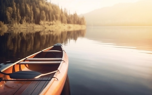 A canoe is on the water with the sun shining on it.