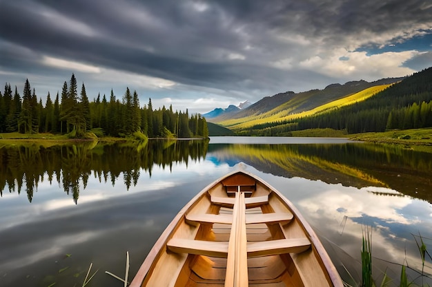 canoe on a lake with mountains in the background