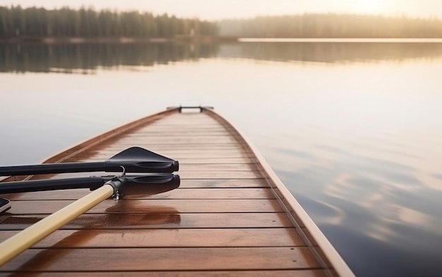 A canoe on a lake with a paddle on the front.