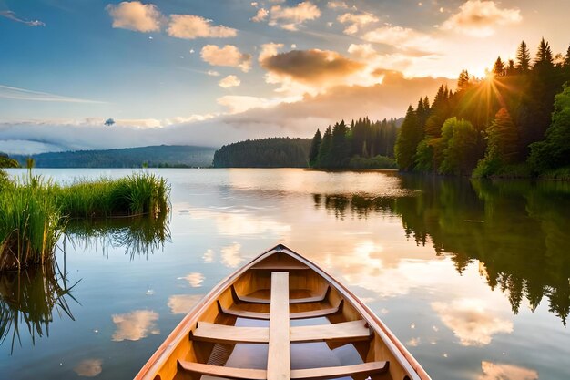 Canoe on a lake with a sunset in the background