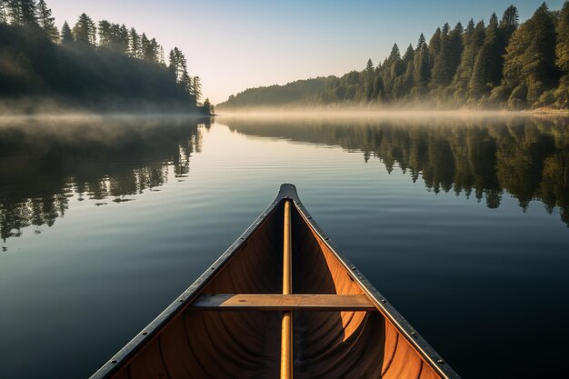 Canoe on a lake wooden boat kayak in water summer canoeing kayaking autumn travelling fresh calm