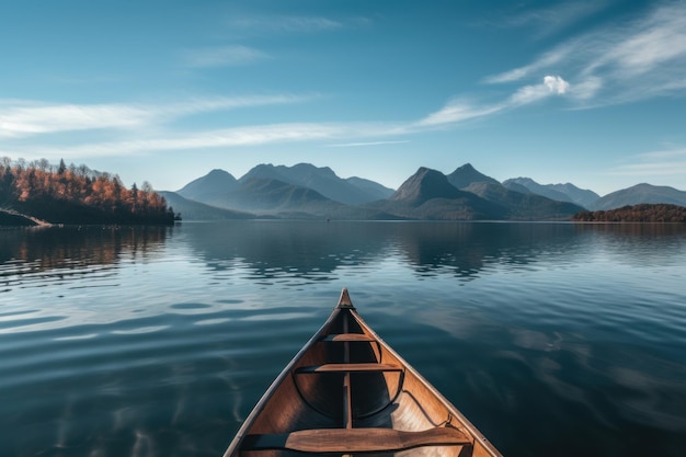 Canoe in the middle of the lake mountains and clear sky background