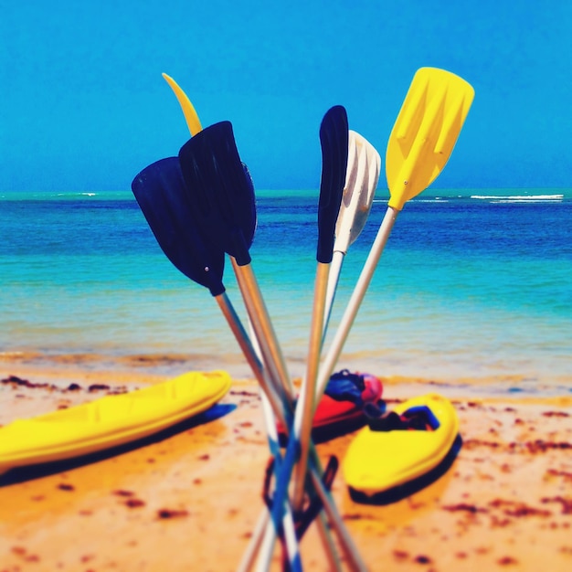 Photo canoe oars on beach against clear blue sky