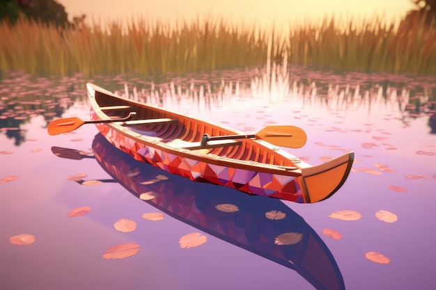 Photo a canoe sits in a pond with the sun shining on the water.