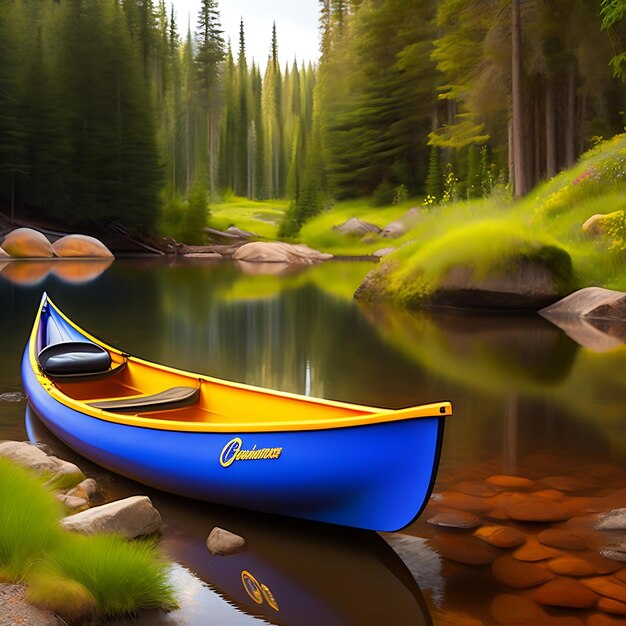 Canoe on spring babbling brook River with a kayak Camping in the great outdoors with a stream