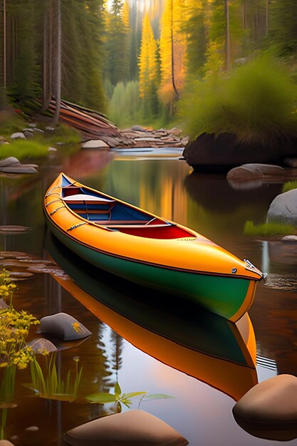 Canoe on spring babbling brook River with a kayak Camping in the great outdoors with a stream