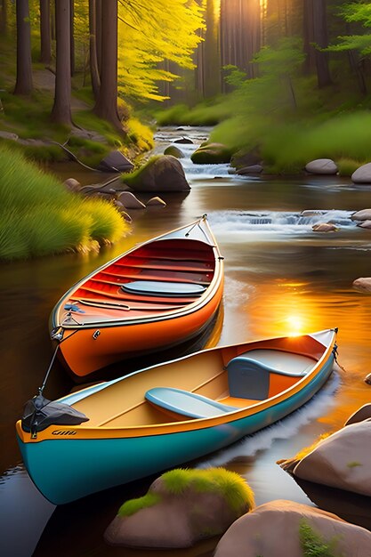 Canoe on spring babbling brook River with a kayak Camping in the great outdoors with a stream