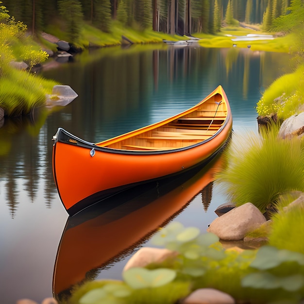 Canoe on spring babbling brook River with a kayak Camping in the great outdoors with a stream