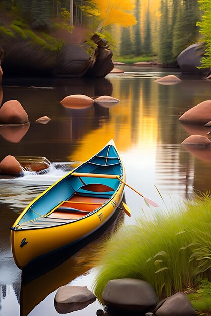 Canoe on spring babbling brook River with a kayak Camping in the great outdoors with a stream