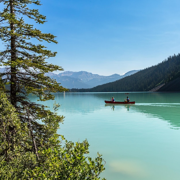 캐나다 밴프의 레이크 루이스에서 카누 타기