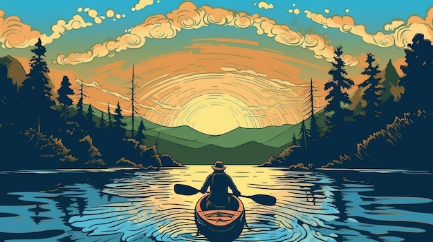 Canoeist paddling on a river Fantasy concept Illustration painting