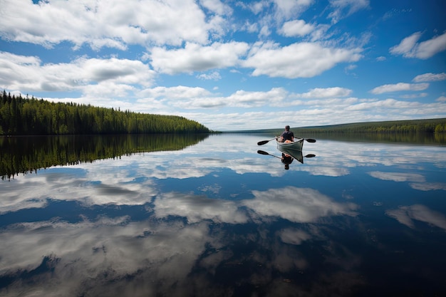 Canoeist paddling through still glassy waters created with generative ai