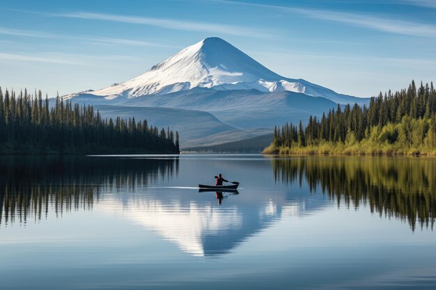 生成 AI で作成された背景に山頂を背景に、静かな湖でパドリングするカヌーイスト