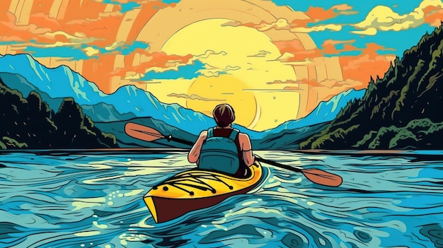Canoeist peddelen op een rivier Fantasie concept Illustratie schilderij