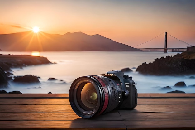 Foto una fotocamera canon su un ponte con un tramonto sullo sfondo