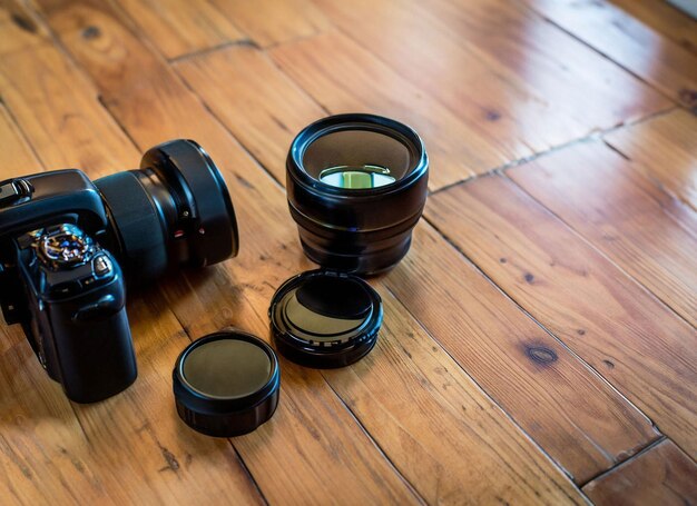 A canon dslr camera sits on a wooden floor.