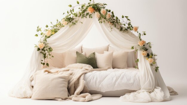 Canopy Bed Adorned with Floral Fabric