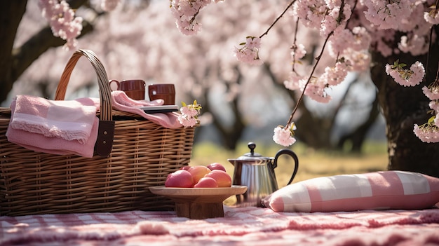 Under the canopy of blooming cherry blossoms a picnic scene unfolds with a basket blanket and an array of fresh fruits