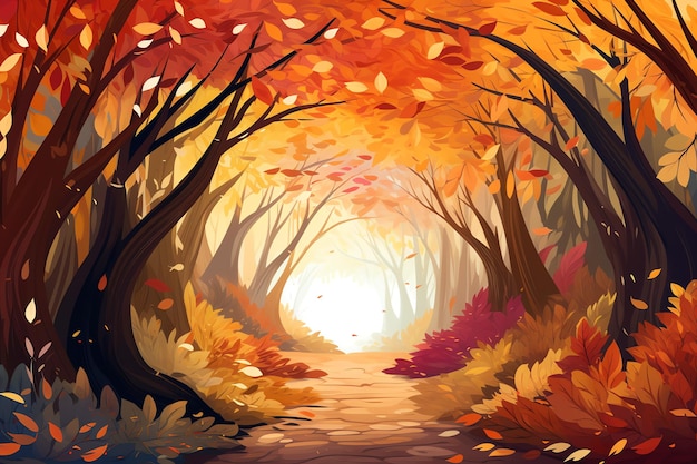 A canopy of colorful leaves creating a magical forest tunnel vector fall background