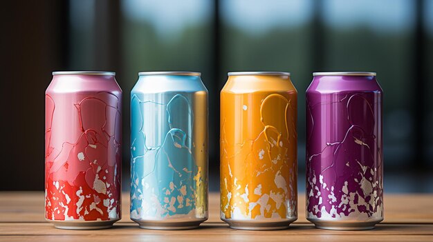 Cans of different color beer on a wooden tablegenerative ai