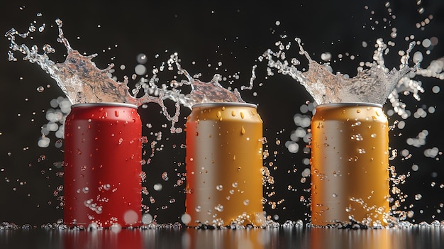 Photo cans of soda are being poured into a black background