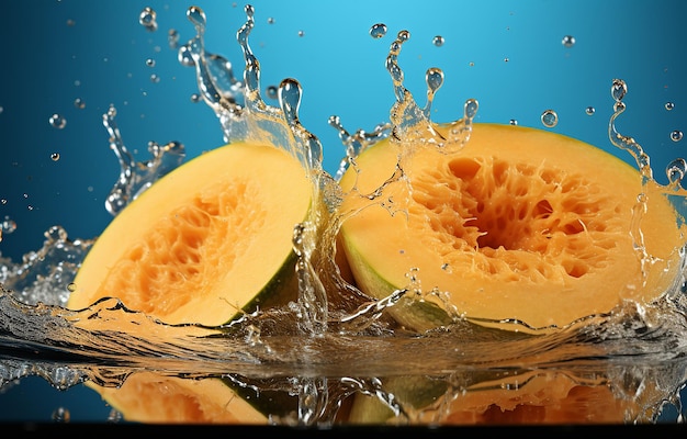 Cantaloupe Dropped on the Blue Water Surface