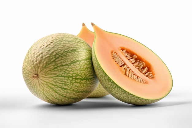 A cantaloupe is cut in half and has the center of the fruit.