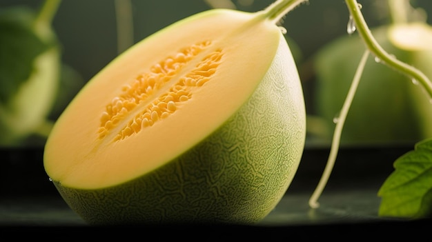 A cantaloupe is on a table with a green background.