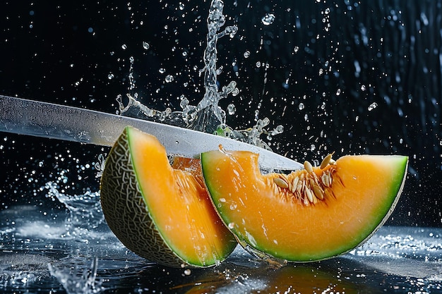 cantaloupe melon slices with knife and water drops and splashes on dark blue background