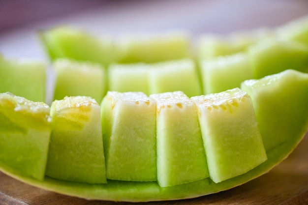 Cantaloupe thai slice fruit for health green cantaloupe thailand cantaloupe melon on plate wooden