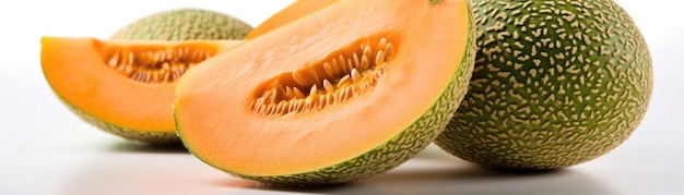 Cantaloupes with droplets standing on white background wide panoramic generative ai