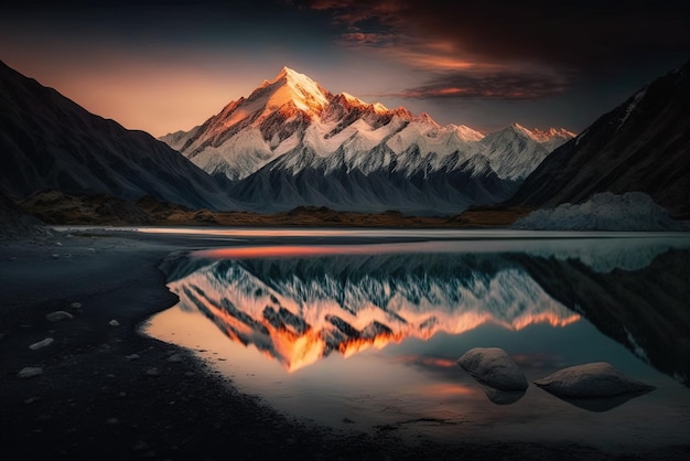 Canterbury's ontzagwekkende Mount Cook bij zonsondergang in Nieuw-Zeeland spreekt tot de verbeelding