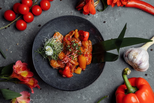 Alimento cinese del pollo cantonese. composto da pollo, peperoni, ananas, salsa dolce-piccante a base di purea di litchi.