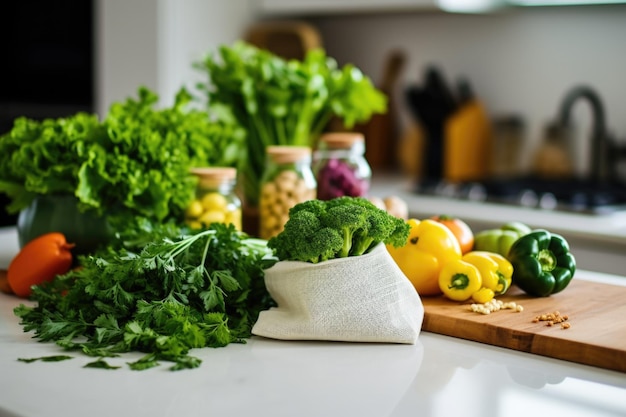 canvas bag with fresh organic produce on kitchen counter
