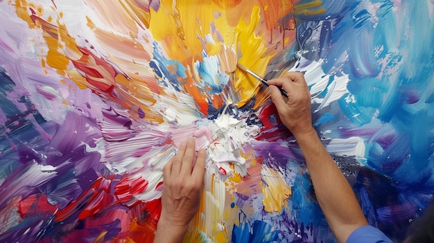 A canvas being filled with bright joyful colors the painters hands moving freely creating abstract happiness