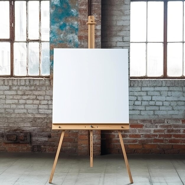 A canvas on an easel in a brick room with a brick wall behind it.