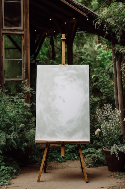 A canvas on a easel in a garden