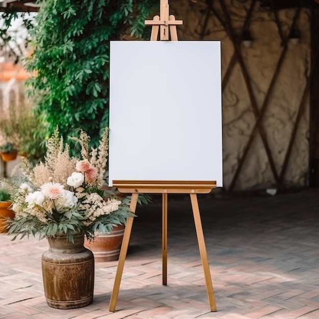 A canvas on an easel with flowers in the background