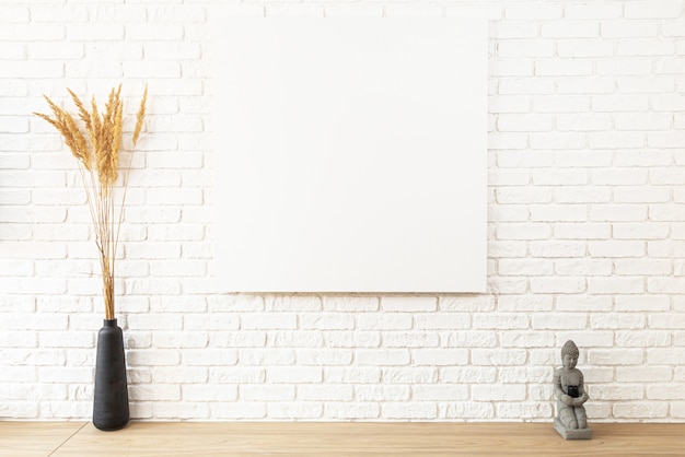 Photo canvas fragment in interior with black vase and buddha statue