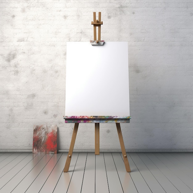 A canvas is on a easel in front of a brick wall.