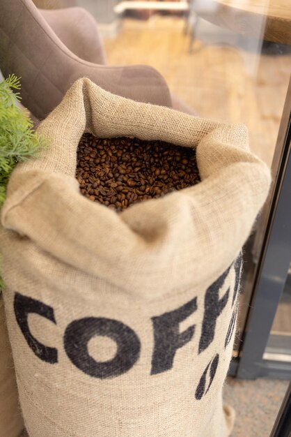 Canvas large bag of coffee beans A piece of furniture in a cafe