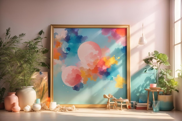 Мокет полотна с пустой картиной, стоящей на деревянном шезлонге, цветы в вазе в студии художника с белой стеной