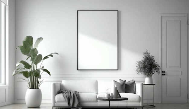 Canvas mockup in modern interieur leeg wit frame aan de muur van woonkamer Generative Ai