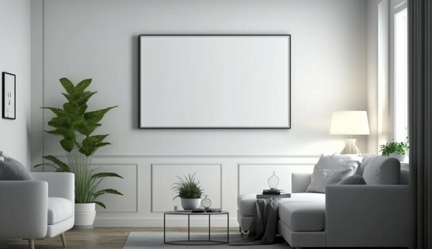 Canvas mockup in modern interior blank white frame on the wall of living room Generative Ai