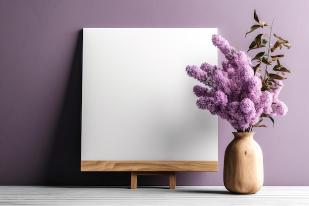 Canvas mockup with purple flower in a vase