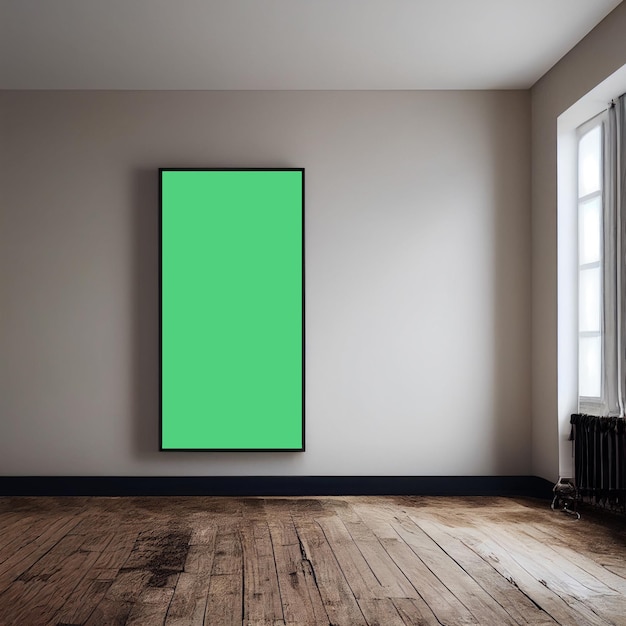 Canvas op de muur van een kamer met houten parketvloer, raam witte en grijze kleur van de kamer