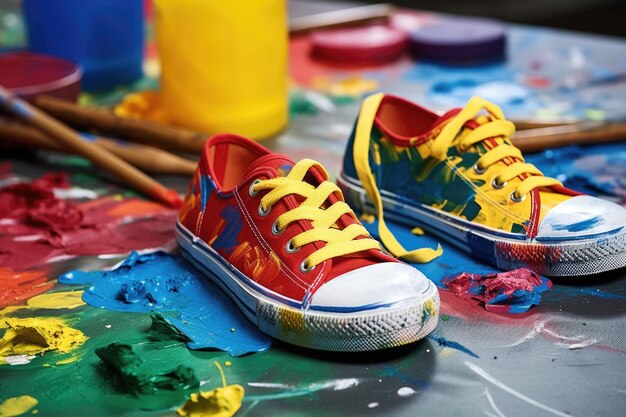 Photo canvas shoes being painted with vibrant acrylic colors