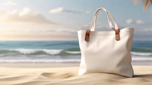 Canvas Tote Bag on Sandy Beach 3D Render with Ocean Waves Premium AI generated image
