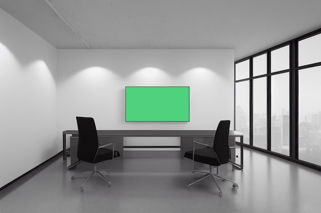 Canvas on wall of a office room with tablegrey and white tone of office Canvas mockup in cabinet